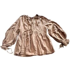 Hailey & Co Boho Hippy Tie Neck Puffy Sleeve Top Size M Gold Tan Western Cosplay